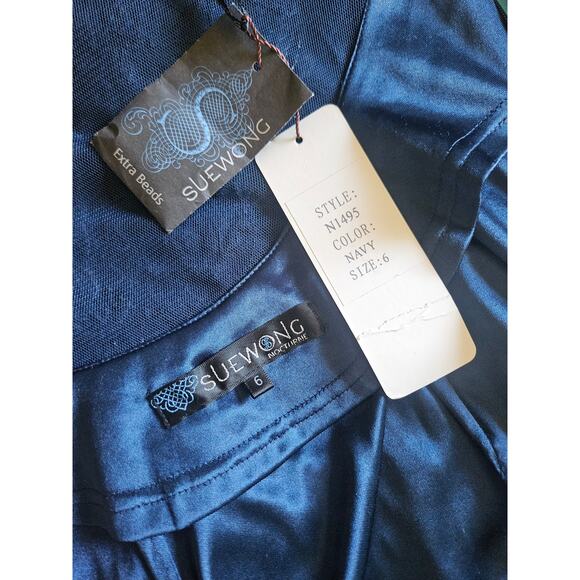 SUE WONG 3/4 Sleeve V-Neck Embellished Dress, Navy Tonal, Women's 6 NWT - Picture 10 of 10